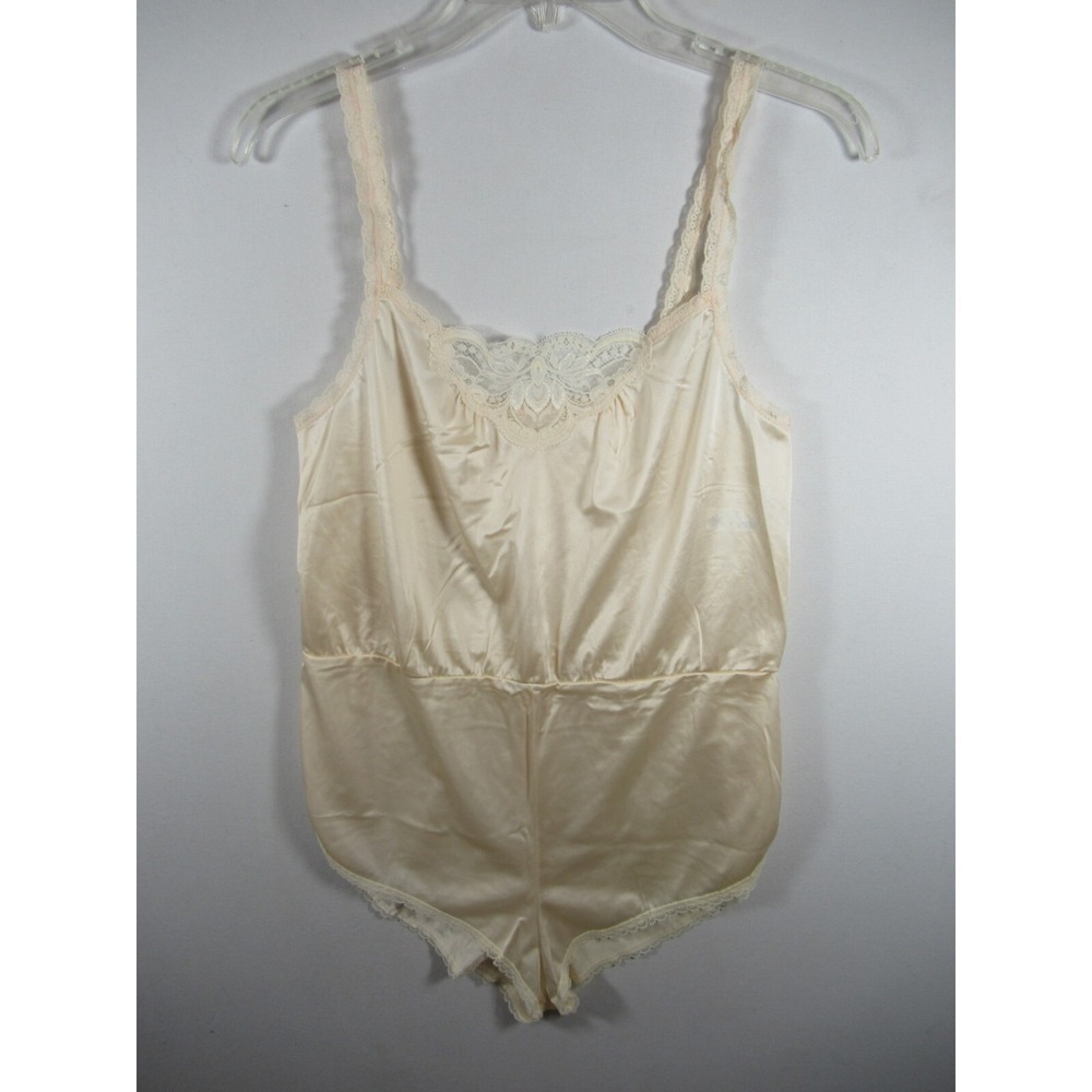 Vintage 90s Olga Satin Teddy Romper Women Small Blush Pink Nylon Lace 11007